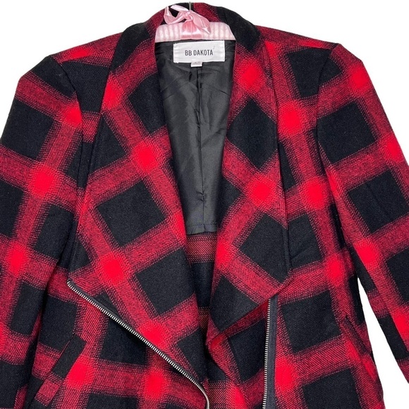 BB Dakota Lilymay Jacket Size XS Red Black Plaid Asymmetric Zip Wool Blend Boho - Picture 9 of 16